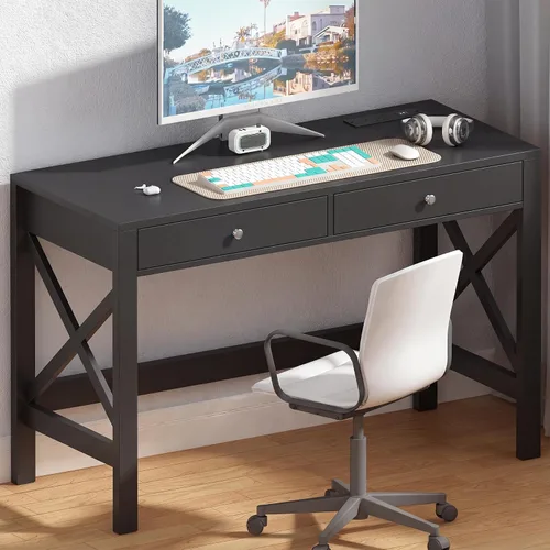 Vista 11 de ChooChoo Escritorio de Oficina en Casa Mesa de Escritura Mesa de Computadora Diseño Moderno Escritorio Negro con Cajones, Mesa de Tocador