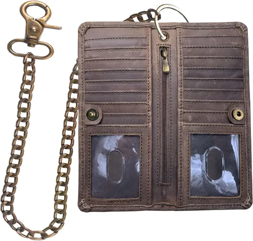 Vista 9 de CLASSIC - Cartera con cadena de motocicleta para hombre, piel auténtica Anilina Negro