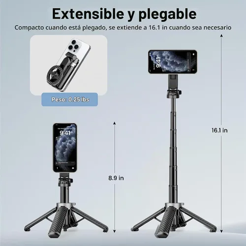 Vista 4 de Trípode magnético multifuncional 4 en 1, palo selfie portátil para iPhone y Android con control remoto desmontable y anillo de metal, trípode