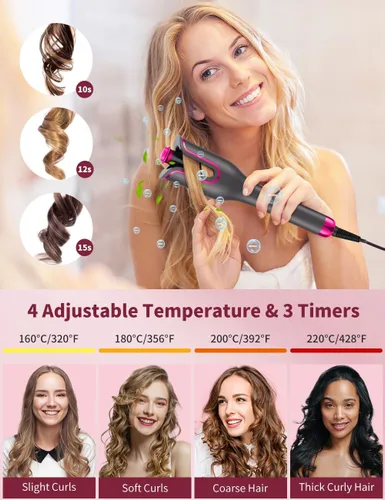 Vista 2 de Rizador automático para mujer, rizador automático giratorio de cabello largo, barril de cerámica de 1 pulgada, 4 temperaturas y 3 temporizadores