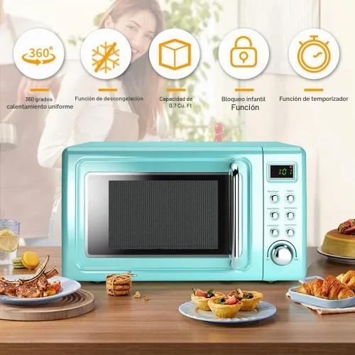 Vista 2 de Horno microondas retro, Safeplus de 0.7 pies cúbicos, microondas de 700 W con placa de acero laminado en frío, 5 micro descongelación y función
