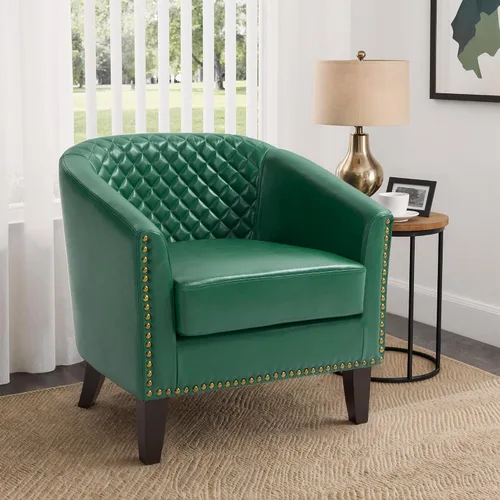 Vista 43 de Pia Ricco Silla de Acento Tipo Barril de Cuero Sintético, Silla de Club Moderna con Brazos, Cómoda Silla Individual Tapizada con Patas de Madera
