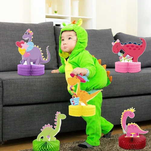Vista 5 de Leinuosen 9 piezas de decoraciones de cumpleaños de dinosaurio para niñas, decoraciones de mesa de fiesta de dinosaurio rosa 3D, centros de mesa