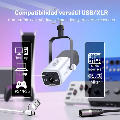 Vista 3 de FIFINE - Kit de micrófono para juegos XLR/USB, set de micrófono dinámico para transmisión para PC, micrófono de computadora para grabación de Blanco