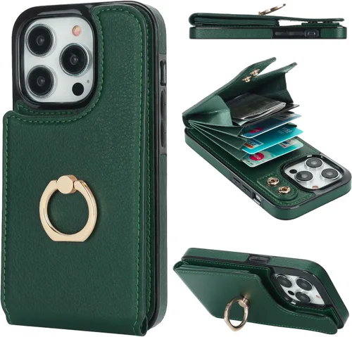 Vista 34 de Folosu Funda tipo billetera compatible con iPhone 14 con soporte para tarjetas, soporte de anillo para dedo con rotación de 360° y función atril