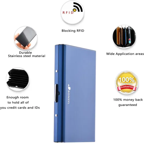 Vista 50 de BONSYL® Soporte para tarjetas de crédito, cartera delgada de metal con bloqueo RFID, con 6 ranuras para tarjetas, para mujeres y hombres.
