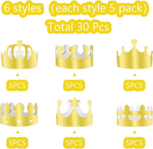 Vista 3 de TUPARKA 30 piezas de corona de papel dorado con corona de rey dorado para fiesta de fiesta de cumpleaños, baby shower, accesorios para fotos