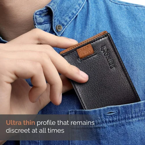 Vista 4 de Billeteras de cuero vegano minimalista con bloqueo RFID para hombres con clip de dinero, Negro -, Moderno