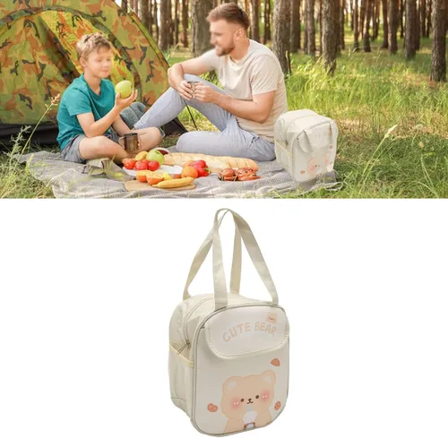 Vista 2 de TOPINCN Lonchera gruesa de gran capacidad, bonitas bolsas de almuerzo con patrón de dibujos animados con asa para picnic (oso de té con leche beige)