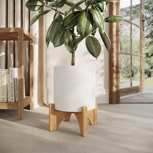 Vista 3 de EverNest Claire Maceta blanca moderna bohemia con soporte de madera de arco, maceta de interior de mediados de siglo, base SelectBase, soporte