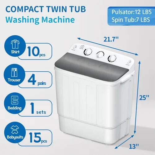 Vista 7 de Erivess - Lavadora portátil de doble tina de 18 libras con estante de secado y 10 perchas, lavadora mini compacta de 11 libras con centrifugadora