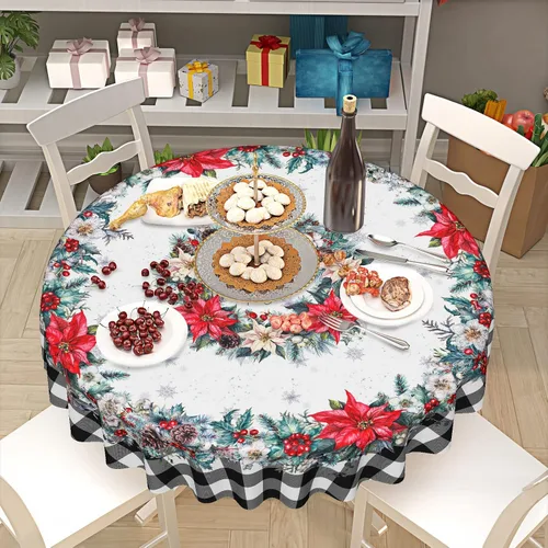 Vista 6 de Mantel de Navidad de Pascua redondo de 60 pulgadas, diseño de copos de nieve de búfalo negro, lavable, resistente a las arrugas, resistente a