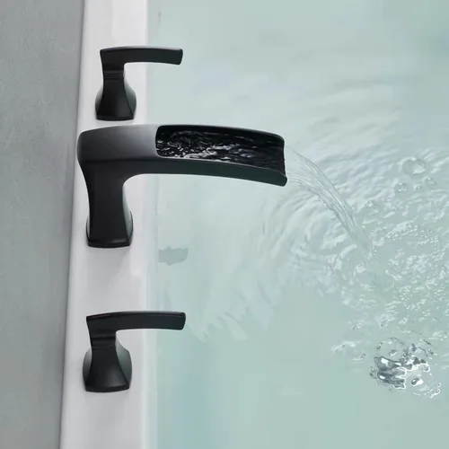 Vista 5 de Grifo de bañera romana, relleno de bañera en cascada, grifos de baño de latón de 3 agujeros con 2 asas Negro