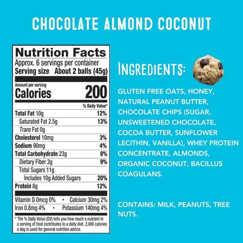 Vista 2 de simplyFUEL - Bolas de proteína de alimentos integrales con probióticos, bocadillos de chocolate y almendras y coco, 0.28 oz de proteína, bolas