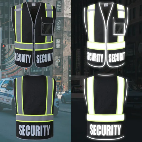 Vista 3 de Chaleco de Seguridad para Hombres y Mujeres Chaleco de Seguridad Reflectante con 5 Bolsillos y Cremallera Frontal Chaleco de Malla de Alta Negro