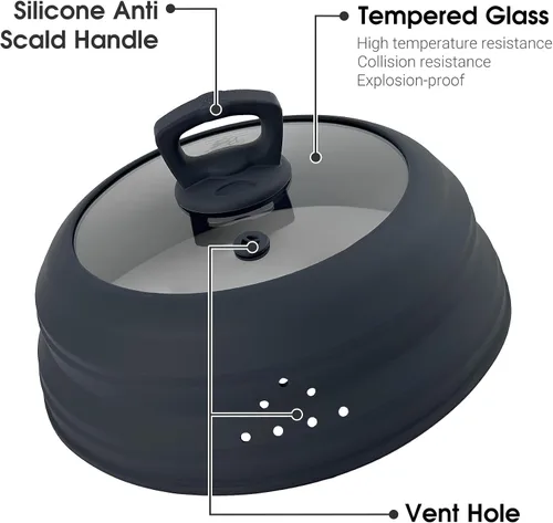 Vista 4 de Cubierta plegable de silicona y vidrio templado para microondas de 11.8 pulgadas, cubierta para microondas para protección contra salpicaduras