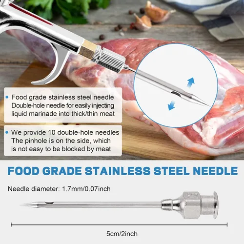 Vista 2 de Bomba eléctrica inyectora de carne con manguera, jeringa inyectora de marinada de acero inoxidable de 70 W con 10 agujas para barbacoa, pavo, cerdo
