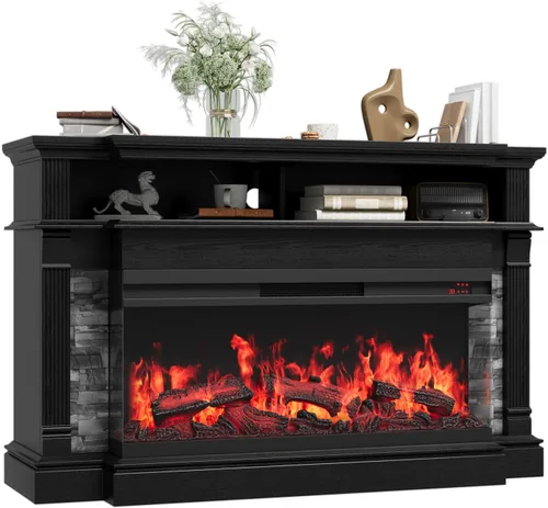 Vista 12 de QUW - Soporte de TV con chimenea para televisores de hasta 65", centro de entretenimiento con chimenea de 52" estilo rústico con chimenea eléctrica