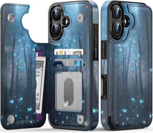 Vista 78 de FUNMIKO Funda tipo cartera para iPhone 15 con tarjetero + clip para efectivo, bloqueo RFID, protección contra caídas de grado militar y obras