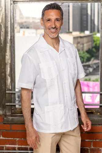 Vista 4 de Camisa de guayabera para hombre, cuatro bolsillos, manga corta, clásica, para vacaciones, boda, bordado, Pintuck, camisa relajada