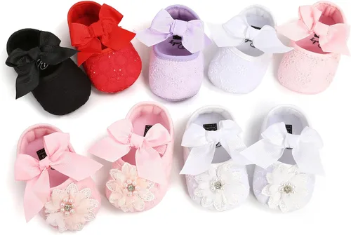 Vista 6 de Zapatos planos Mary Jane para bebés y niñas, con lazo, floral, princesa, vestido de boda, zapatos suaves para recién nacidos, cuna para primeros