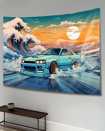 Vista 21 de QEOPGNE Tapiz de pared grande Jdm Anime Sunset Japanese Car S13, tapiz de pared para dormitorio, sala de estar, decoración estética, tapices de 30 x