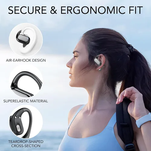 Vista 5 de Auriculares de oreja abierta, auriculares inalámbricos verdaderos, graves intensos, llamadas claras, tiempo de reproducción de 42 horas, auriculares