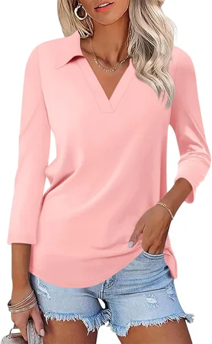 Vista 34 de TICTICMISS - Camisas polo de cuello en V para mujer, manga 3/4, con cuello, tops casuales de negocios, tops de verano a la moda, holgados