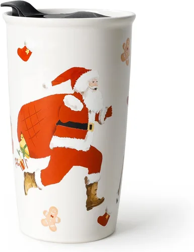 Vista 13 de ANTIS'S HOME Taza de Viaje de Cerámica con Tapa, Taza de Café Tumbler de Doble Pared Beige con Patrón de Flores, Taza Alta Reutilizable, Tapa