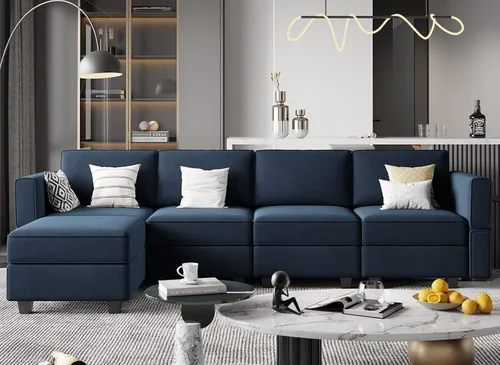 Vista 15 de Belffin Sofá modular en forma de U con tumbonas reversibles, de terciopelo, con asiento de almacenamiento, color negro