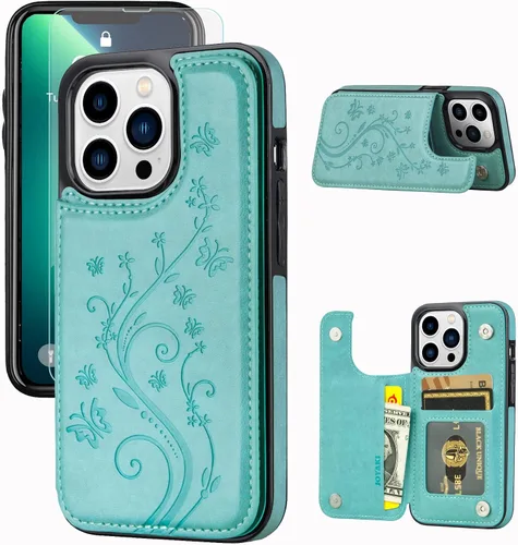 Vista 15 de Funda tipo cartera compatible con iPhone 13 Pro de 6.1 pulgadas, funda protectora delgada con tarjetero, piel sintética de alta calidad, ranuras