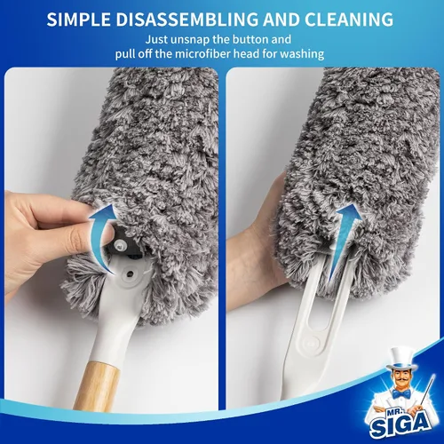 Vista 6 de MR.SIGA Plumero de microfibra sin pelusas, lavable y reutilizable, con mango de bambú y cabezal reemplazable, plumero para limpieza del hogar