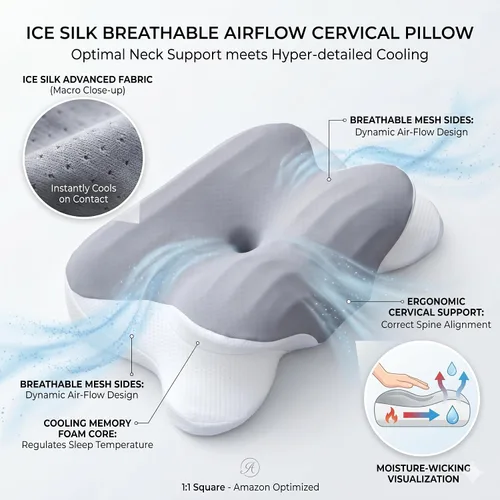 Vista 3 de Almohada cervical de espuma viscoelástica refrescante para aliviar el dolor de cuello, almohada ergonómica de cama de contorno con funda