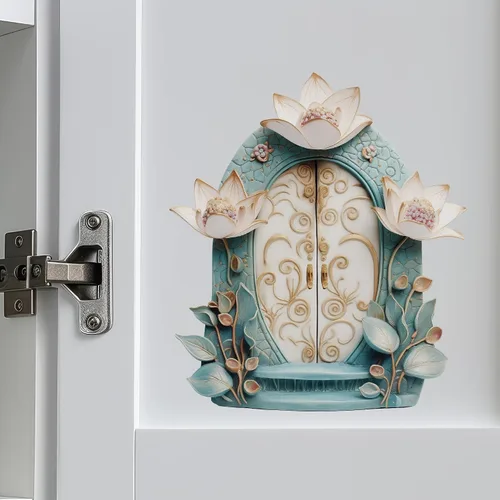 Vista 4 de Hermosa decoración de casa de jardín de loto - Adhesivo de pared para puerta de hadas