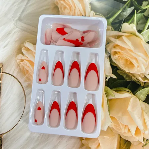 Vista 5 de Uñas postizas a presión de punta francesa de almendra, medianas, uñas postizas acrílicas artificiales con diseño de corazón de amor rojo, cobertura