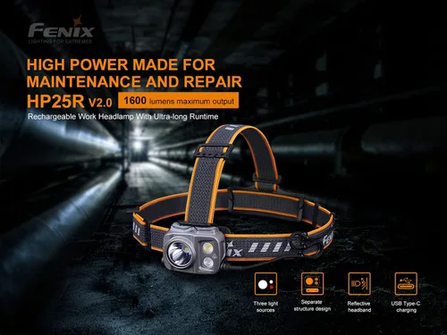 Vista 4 de Fenix HP25R v2.0 Linterna Frontal, Foco de 1600 Lúmenes, Luz de Inundación de 400 Lúmenes y Luz Roja, Recargable USB-C con Organizador LumenTac