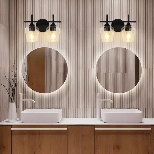 Vista 5 de Accesorios de luz de baño de 2 luces, Luz de tocador moderna negra, Lámpara de pared de baño para espejo, cocina, dormitorio, pasillo, sala