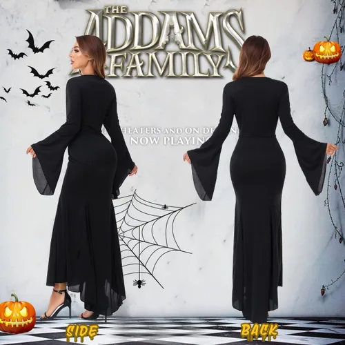 Vista 2 de Morticia Addams - Vestido de Halloween para mujer adulta, disfraz familiar Addams, vestido largo con cuello en V y manga larga