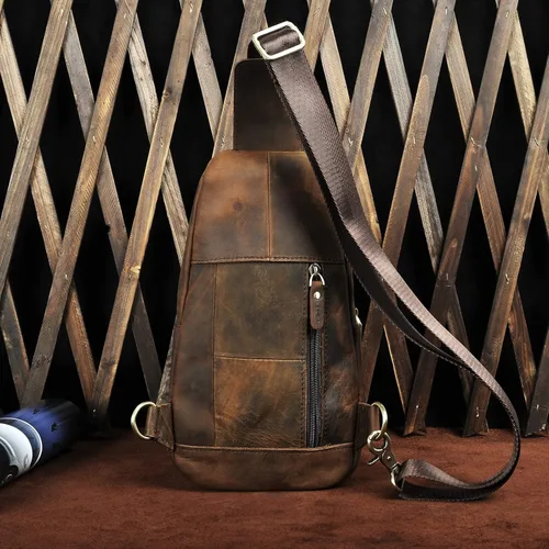 Vista 3 de Le'aokuu Hombres al aire libre Casual Viaje Senderismo Té Crossbody Pecho Sling Bag Rig Un Hombro Correa Bolsa Mochila Hombres Cuero