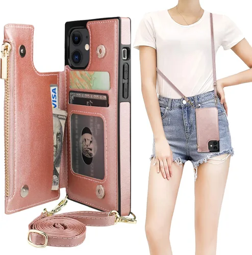 Vista 21 de Bocasal Funda tipo cartera cruzada para iPhone 12 Mini con tarjetero, protector de ranura para tarjetas con cremallera, a prueba de golpes, con Negro