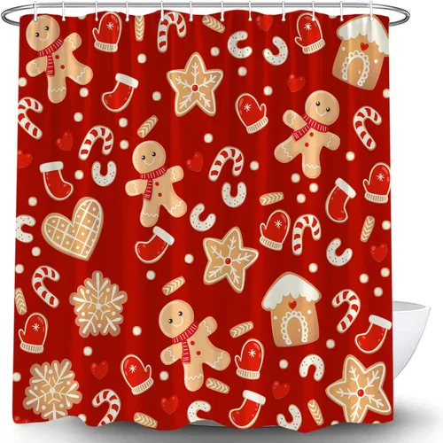 Vista 3 de Cortina de ducha de Navidad con diseño de galletas, lindo cratoon copo de nieve, vacaciones de invierno, feliz año nuevo, cortina de baño con gancho