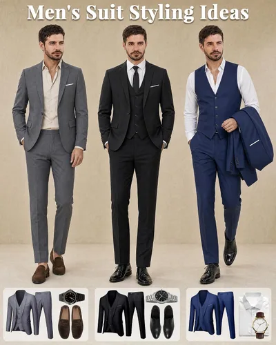 Vista 4 de MY'S Conjunto de traje de 3 piezas para hombre con corbata, chaqueta ajustada de un botón, chaleco y pantalones, blazer para fiestas, bodas, bailes