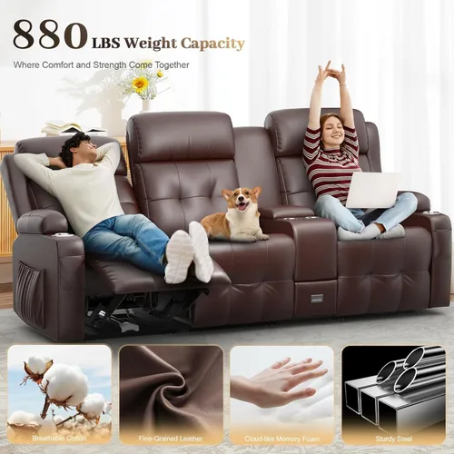 Vista 3 de Sofá reclinable, sofá reclinable con masaje de 3 plazas con gran capacidad de peso, sofá de dos plazas para RV con espacio libre con consola, USB