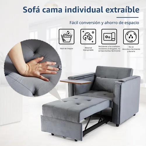 Vista 7 de weselon Silla Cama Convertible de Terciopelo, Silla de Descanso Multifuncional 3 en 1, Sofá Cama Extraíble para Huéspedes con Mesa Oculta y Respaldo