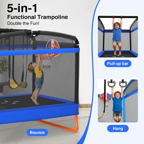Vista 3 de LANGXUN Trampolín rectangular de 6 pies para niños, trampolín 5 en 1, aprobado por ASTM para interiores y exteriores, mini trampolín con red de Azul