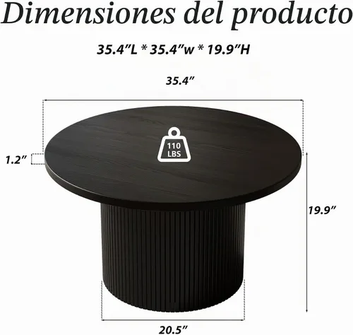 Vista 2 de MAISONARIA - Mesa de café redonda negra con marco de metal, mesas de café de 35" para sala de estar, mesa de centro de madera circular con acento