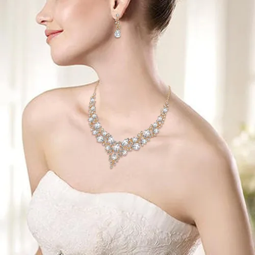 Vista 2 de BriLove - Juego de collar y aretes colgantes, para mujer, collar para impresionar, grupo de lágrima de cristal austriaco, nupcial, para boda.