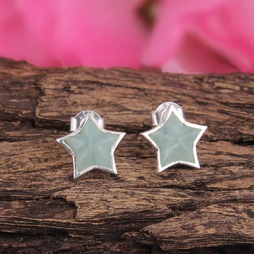 Vista 7 de Aretes de plata de ley 925 con piedras preciosas de amazonita con corte de estrella, regalo de piedra natal para ella
