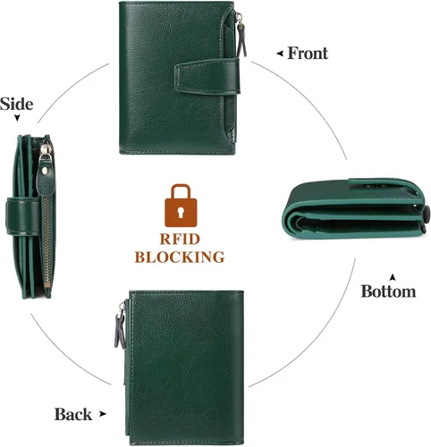 Vista 4 de FALAN MULE - Cartera de cuero auténtico para mujer, pequeña plegable , compacta, con interferencia de radiofrecuencia (RFID)