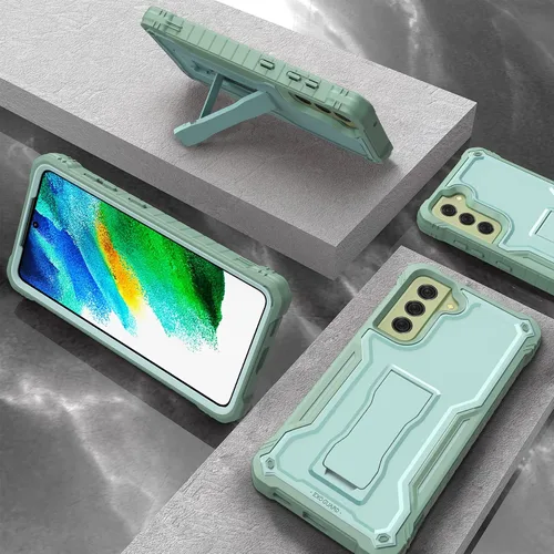 Vista 6 de ExoGuard Funda para Samsung Galaxy S21 FE, funda de goma a prueba de golpes de cuerpo completo con protector de pantalla de vidrio templado y Verde